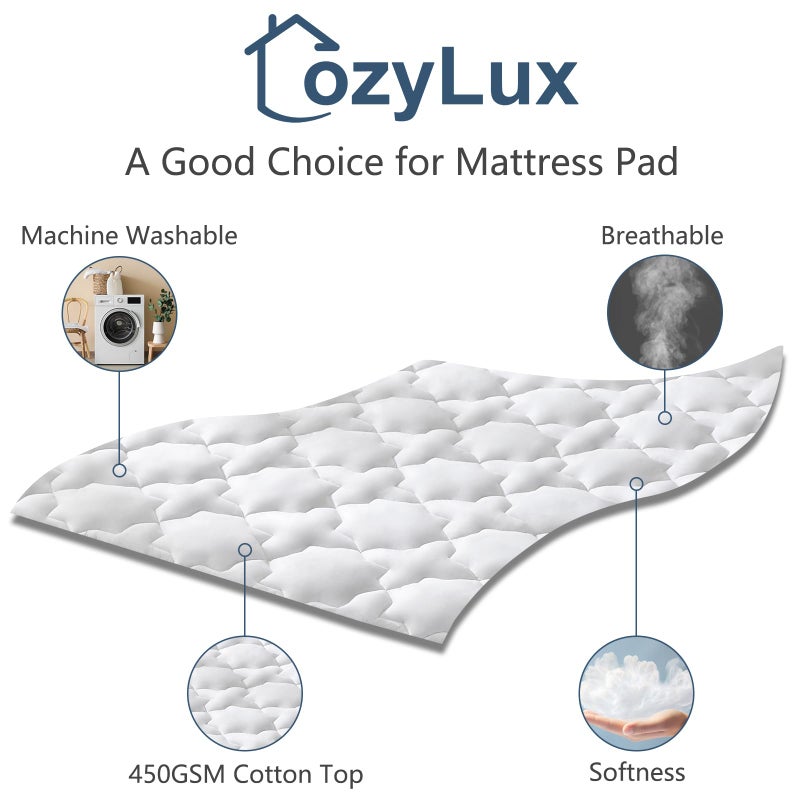 CozyLux California King Mattress Pad - Cotton California King Mattress Topper - Fits up to 8-21" Thick Mattresses, 450GSM Breathable Soft Mattress Cover, Cooling Mattress Protector (72"x84", White) - Image 3